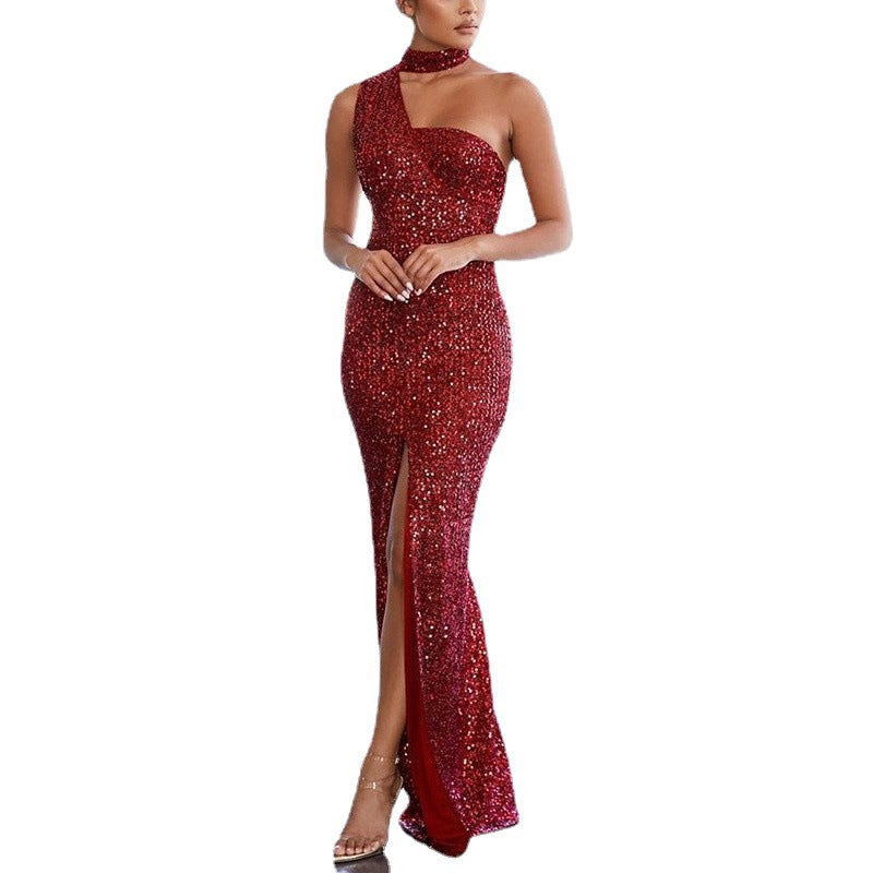 Damen Abendkleid Asymmetrisch Pailletten Eveloria