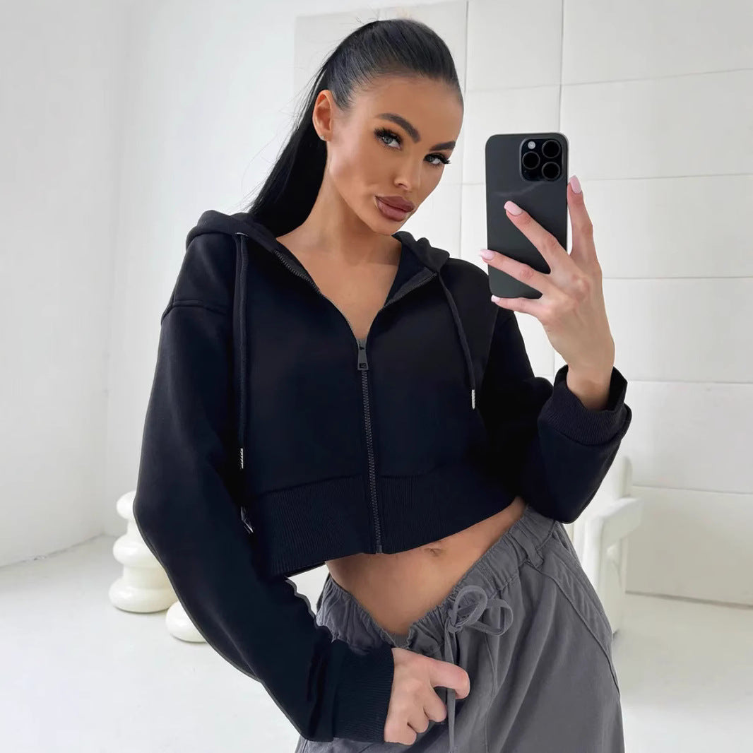 Damen Cropped Hoodie Sportlich mit Kängurutasche und weiten Ärmeln