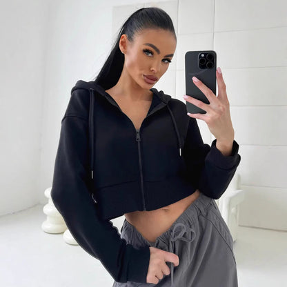 Damen Cropped Hoodie Sportlich mit Kängurutasche und weiten Ärmeln