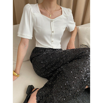 Damen Oberteil mit Knöpfen Feines Design Schwarz Eveloria - Eveloria