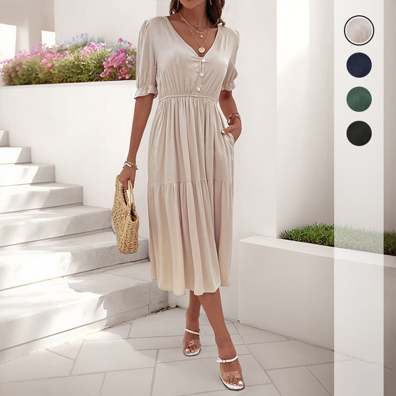 Damen Midi-Kleid Knopfdetail Voluminöse Ärmel Eveloria - Eveloria