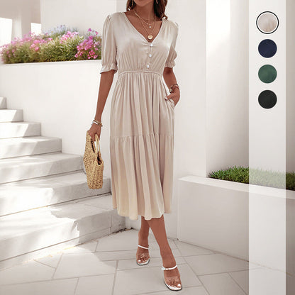Damen Midi-Kleid Knopfdetail Voluminöse Ärmel Eveloria - Eveloria