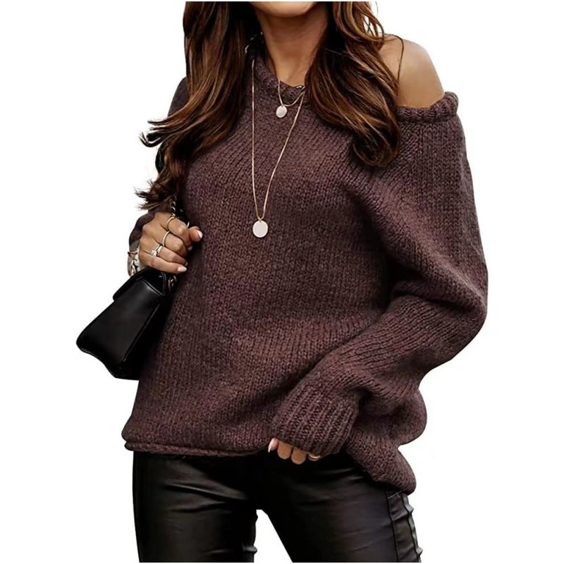 Damen Strickpullover Schulterfrei Oversized Beige