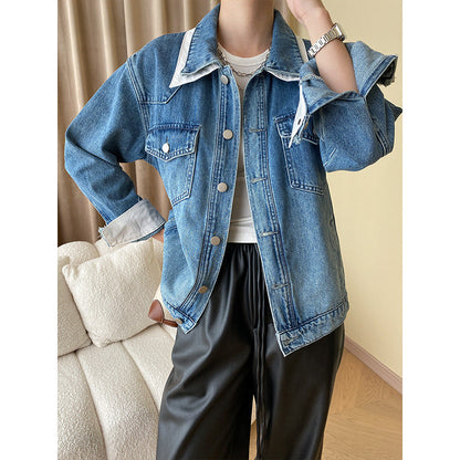 Damen Oversized Jeansjacke mit Kragen und Taschen Eveloria
