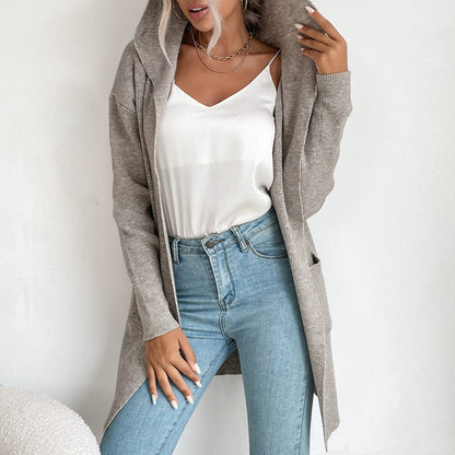 Damen Strickcardigan Lässig Hoher Kragen Offene Vorderseite Beige