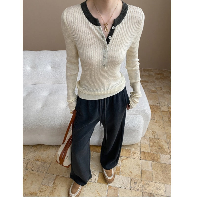 Damen Henley-Pullover Rippstruktur Lässig Eveloria