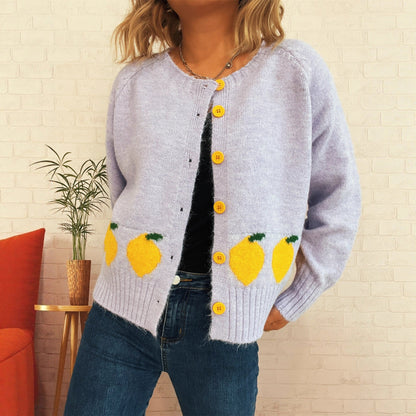 Damen Strickjacke Zitronen-Motiv Bunt Knöpfe Eveloria