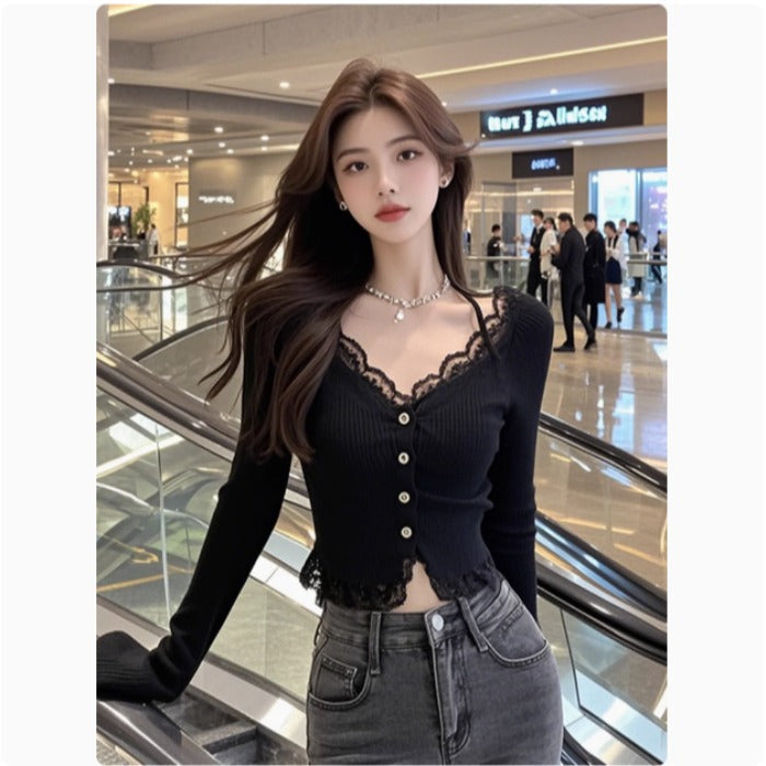 Damen Langarmshirt Spitzenbesatz Elegantes Weißen