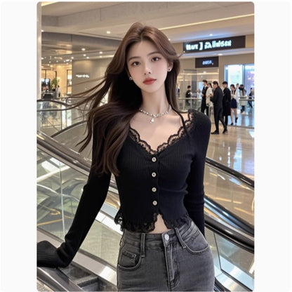 Damen Langarmshirt Spitzenbesatz Elegantes Weißen