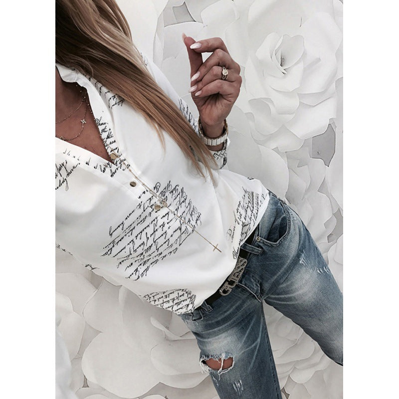 Damen Bluse Schriftmuster Elegant Baumwolle Weiß