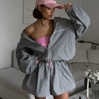 Damen Sportjacke Kurz Ärmel Weite Bein Kurz Hose Eveloria