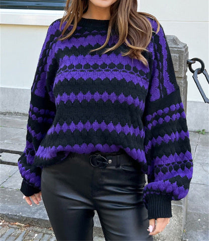 Damen Grobstrickpullover Modernes Muster Lockere Ärmel Eveloria
