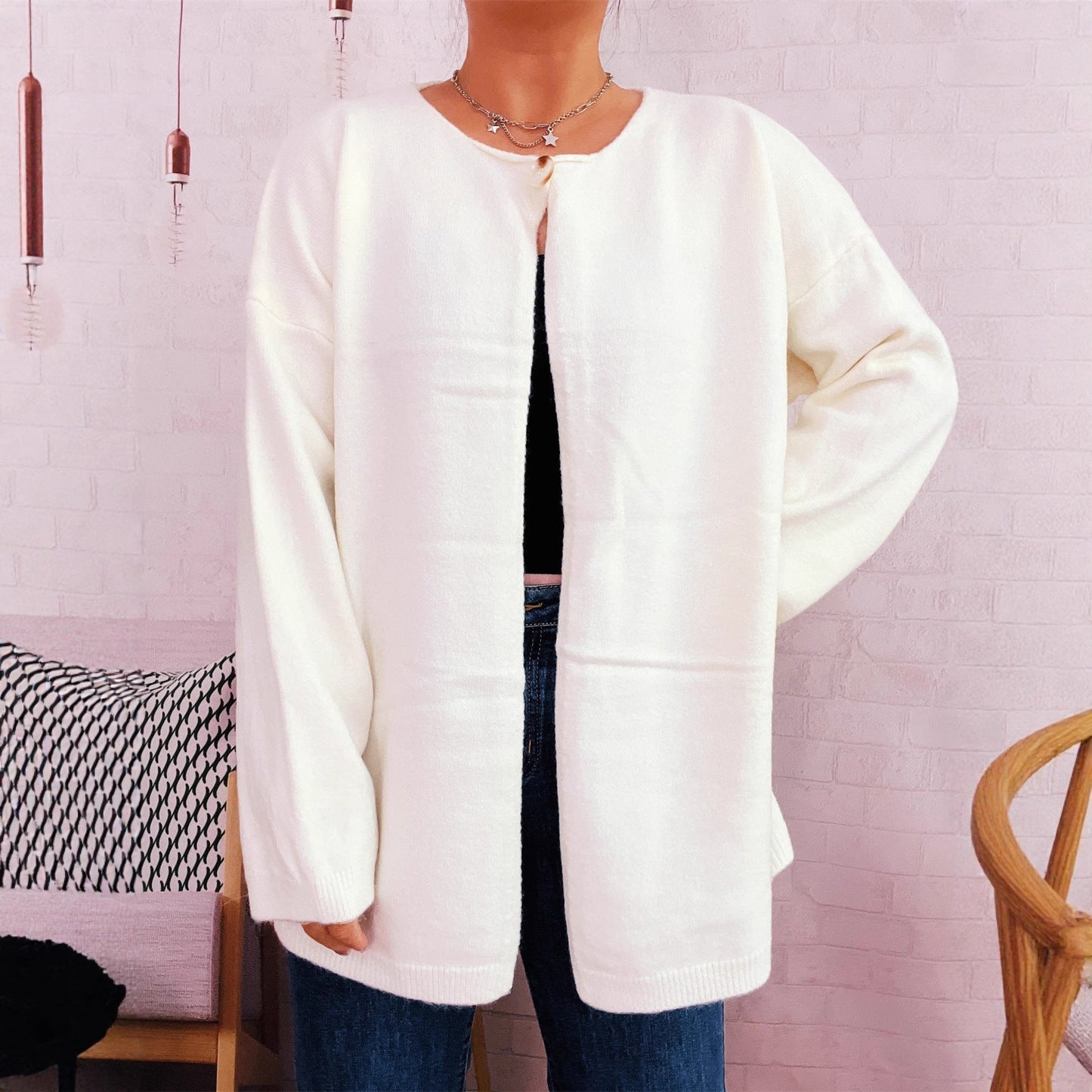 Damen Strickcardigan Weich Offene Vorderseite Beige Eveloria