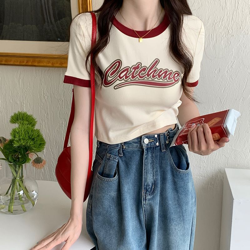 Damen Crop- mit Kontrastärmeln und Schriftzug