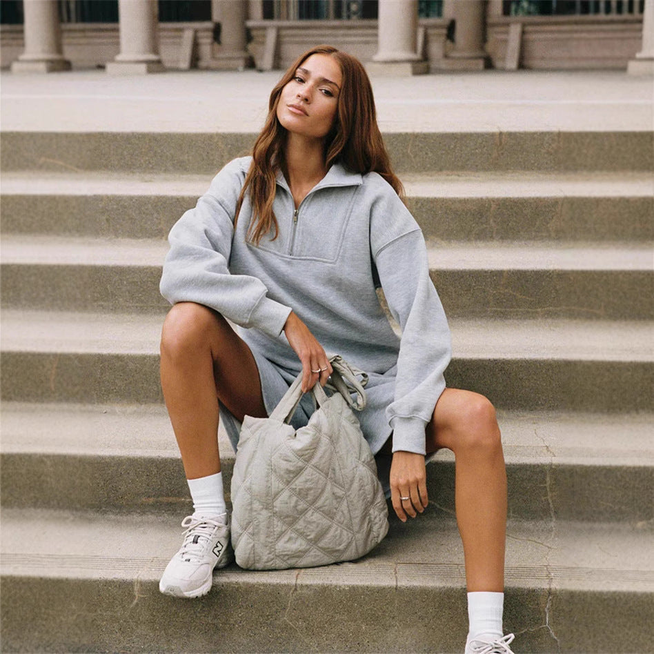 Damen Sweatshirt-Short-Anzug Stehkragen Reißverschluss Grau
