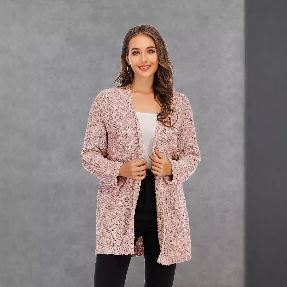 Damen Strickjacke Offener Schnitt Große Taschen Kuschelig Beige