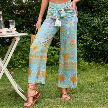 Damen Palazzo-Hose Floralmuster Taillengürtel Eveloria