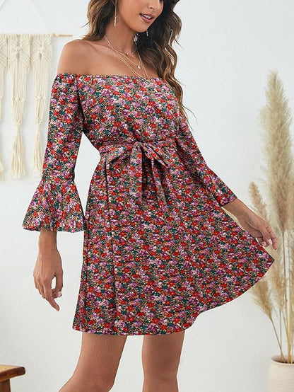 Damen Off-Shoulder Kleid Bunt Muster Eveloria