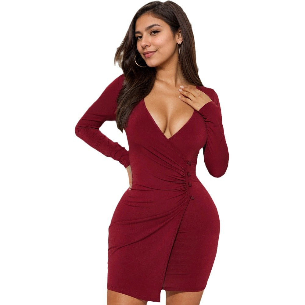 Damen Wickelkleid Figurbetont Dekorativer Knopf V-Ausschnitt