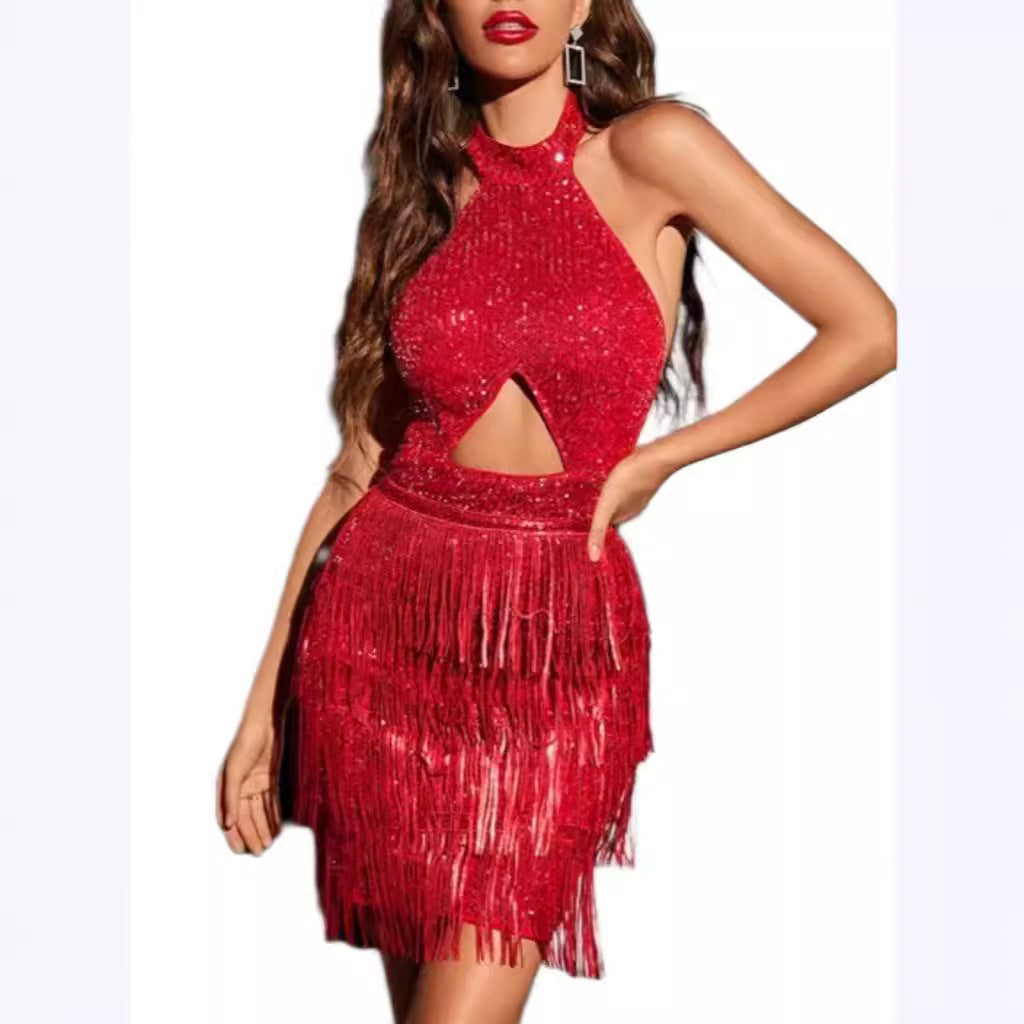 Damen Glitzerndes Fransen-Kleid mit Halterneck und Cut-Out