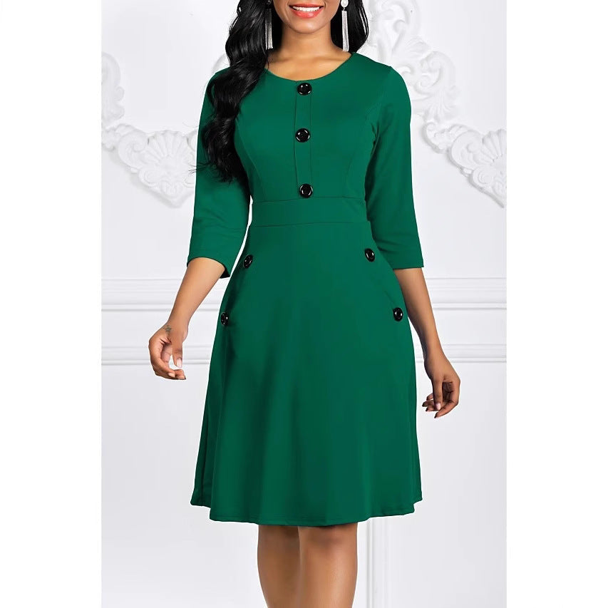 Eveloria Damen Kleid Knieumspielend 3/4-Ärmel Schmuckknöpfe