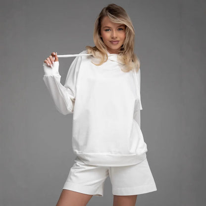 Damen Hoodie Set mit Kängurutasche und Shorts Baumwolle Beige
