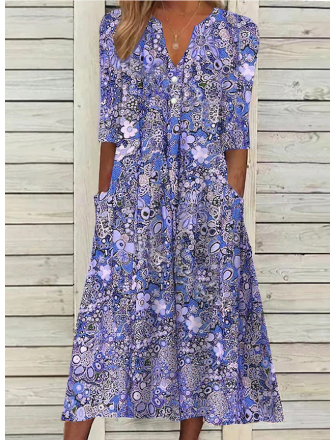 Eveloria Damen Midi Kleid mit Taschen Blumenmuster