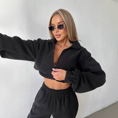 Damen Fleecejacke Cropped Reißverschluss Lässig Eveloria