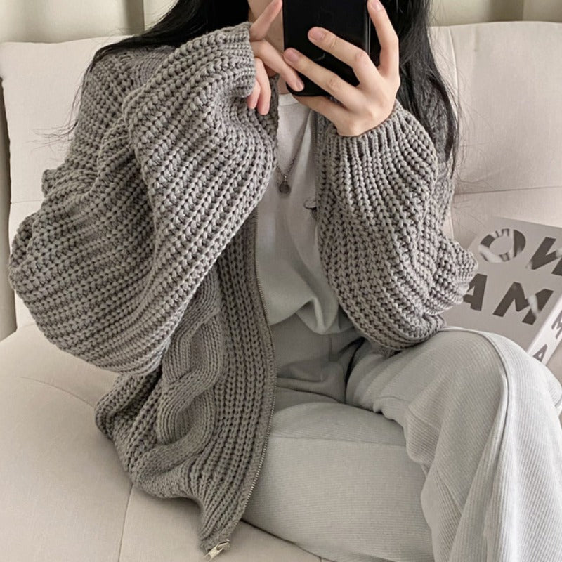 Damen Grobstrickjacke Voluminöse Ärmel Offene Front