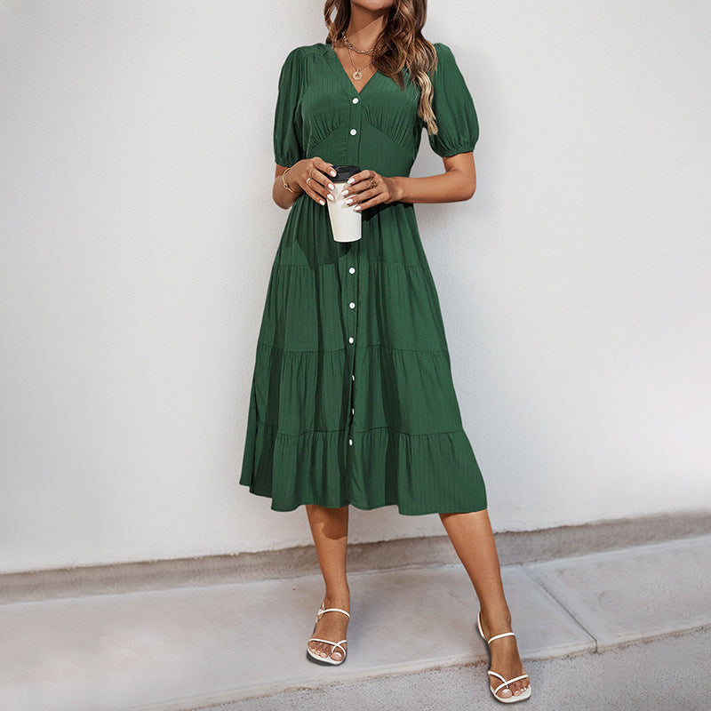 Damen Midikleid Knopfverschluss Voluminöser Rock Eveloria