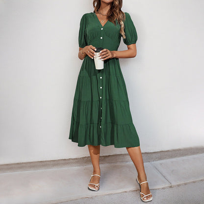 Damen Midikleid Knopfverschluss Voluminöser Rock Eveloria