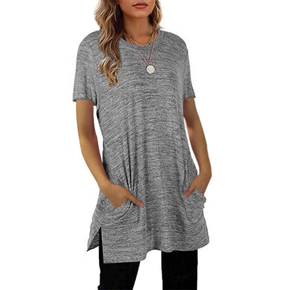 Damen Langarm-Tunika mit Seitentaschen Asymmetrischer Saum