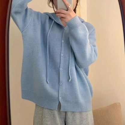 Damen Strickjacke mit Kapuze und Knopfverschluss