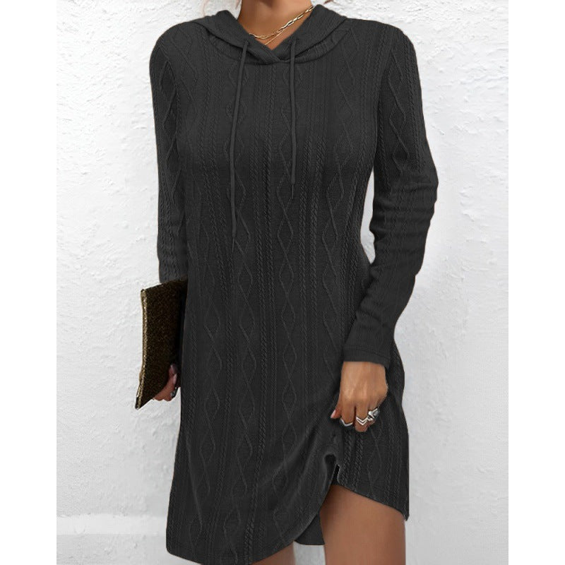 Damen Strickkleid Kapuze Struktur Muster Anthrazit