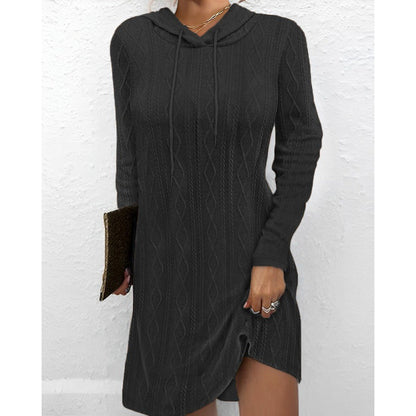 Damen Strickkleid Kapuze Struktur Muster Anthrazit