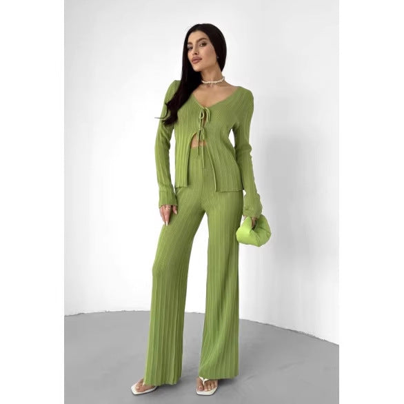 Damen Stricktop V-Ausschnitt Kordelzug