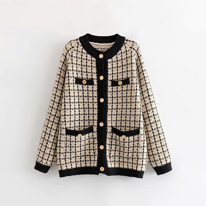 Damen Strickjacke Karomuster Dekorative Knöpfe