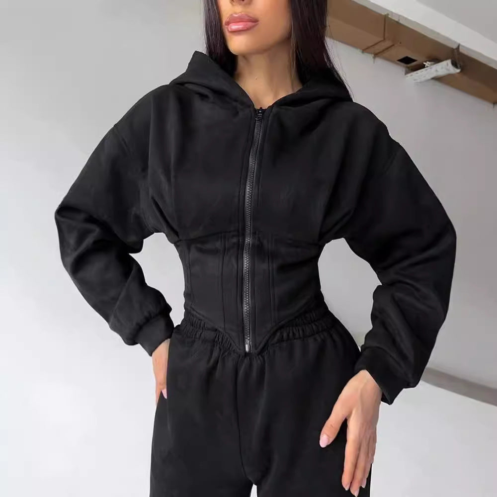 Damen Jumpsuit Tailliert Sportliche Kapuze Eveloria