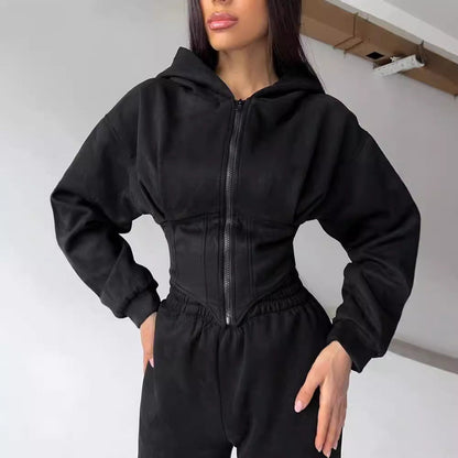 Damen Jumpsuit Tailliert Sportliche Kapuze Eveloria