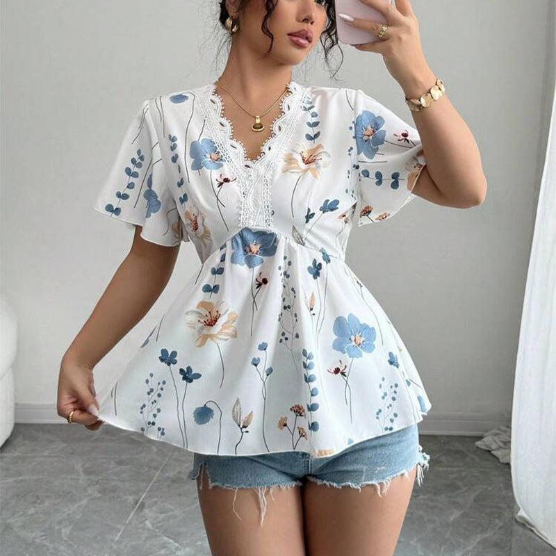 Damen Blusenshirt Floralmuster Spitzenakzent Eveloria