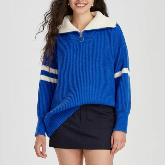 Damen Strickpullover Stehkragen Dekorative Streifen Eveloria - Eveloria