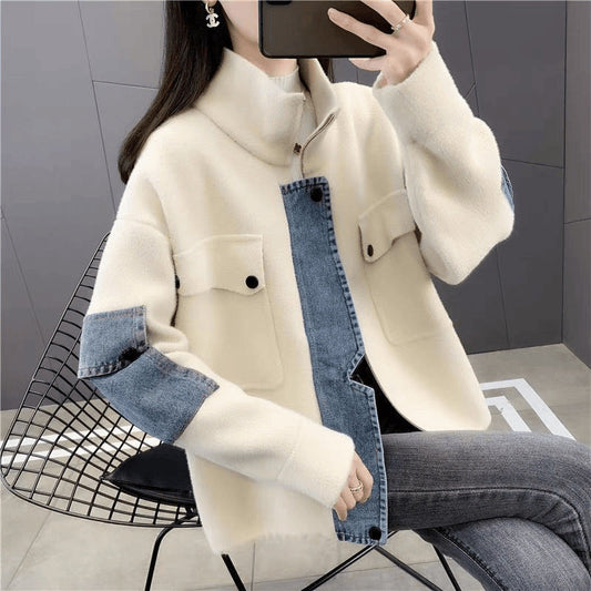 Damen Übergangsjacke Denim Detail Hochkragen Blau Eveloria - Eveloria