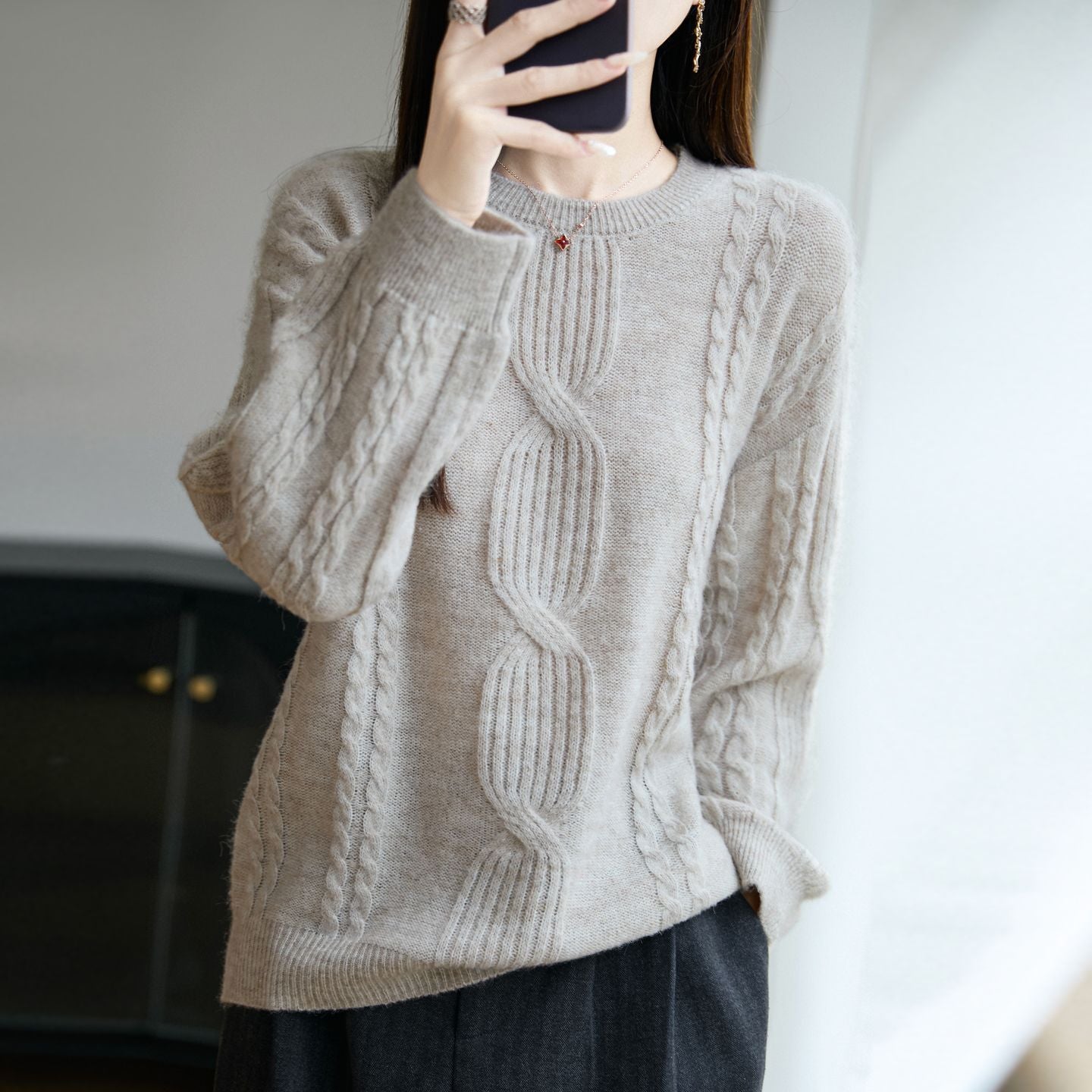 Damen Strickpullover Rundhalsausschnitt Zopfmuster
