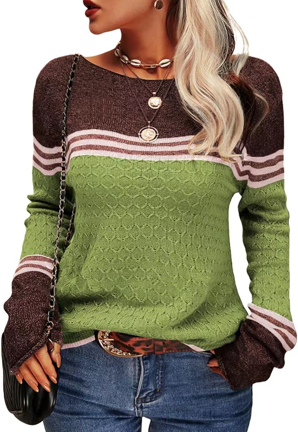 Damen Strickpullover Kontrastfarben Einzigartige Textur Grau