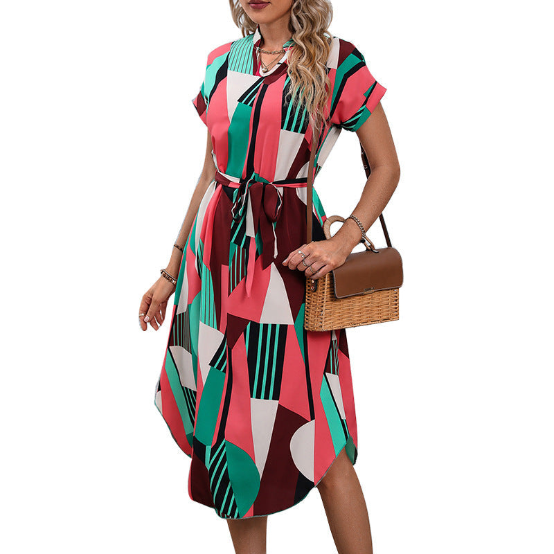 Damen Maxikleid Geometrisches Design Taillengürtel