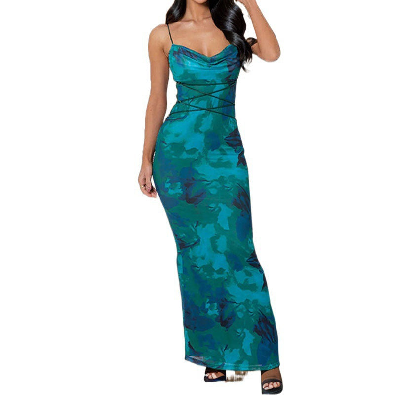 Damen Maxi-Kleid Elegant Wasserfallausschnitt Spaghetti-Träger