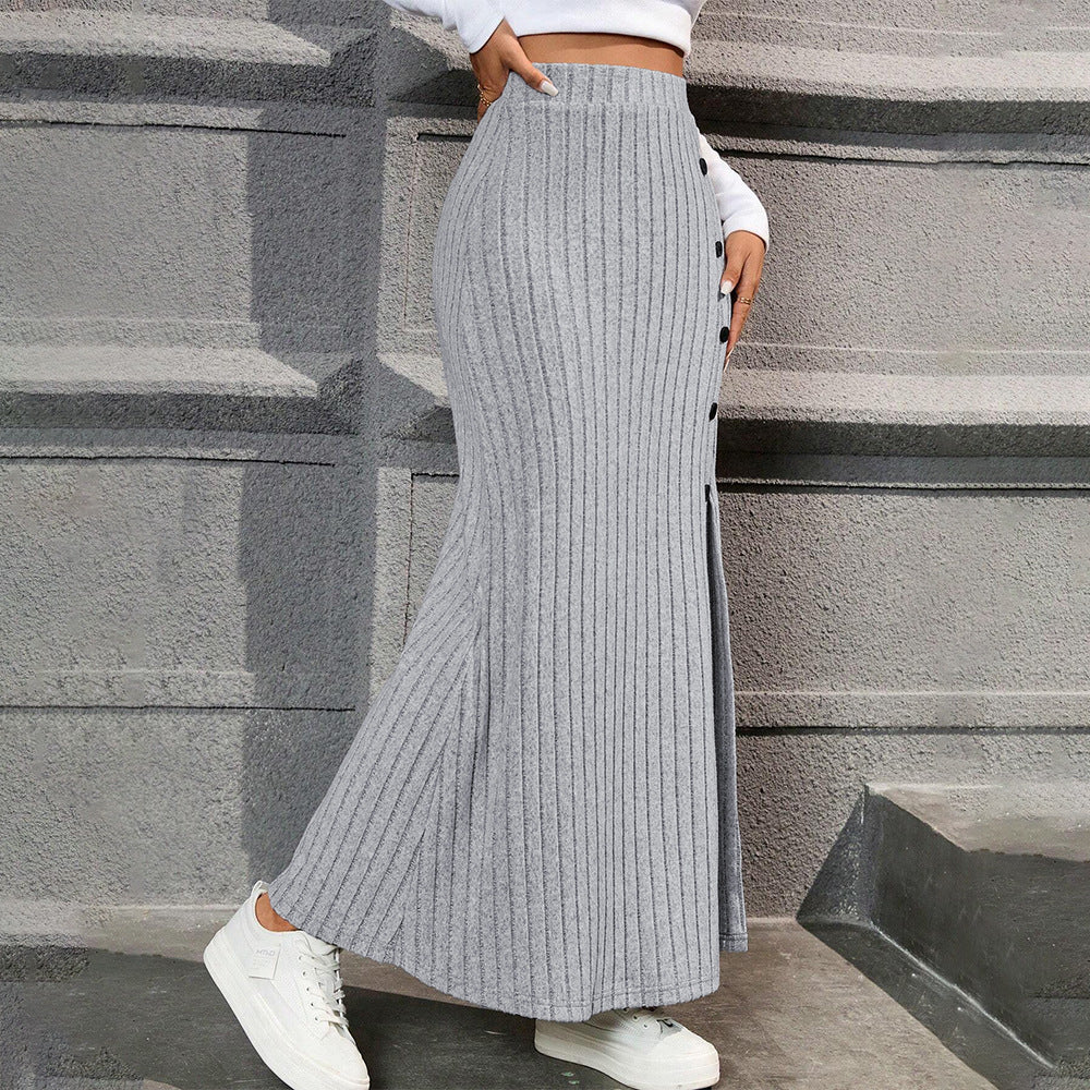 Damen Maxi-Rock Strick mit Knöpfen und Seitenschlitz