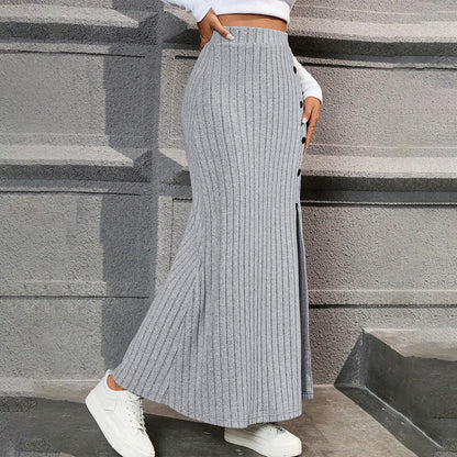 Damen Maxi-Rock Strick mit Knöpfen und Seitenschlitz
