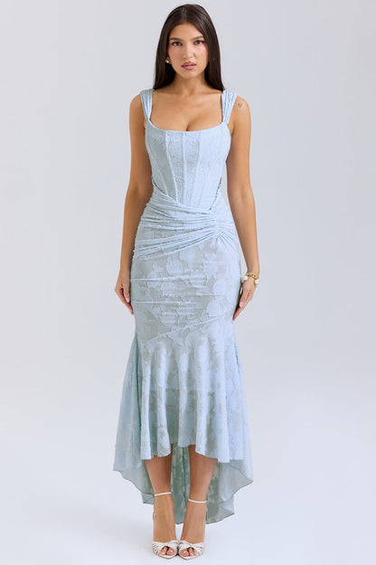 Damen Maxikleid Bateau Ausschnitt Floral Asymmetrisch