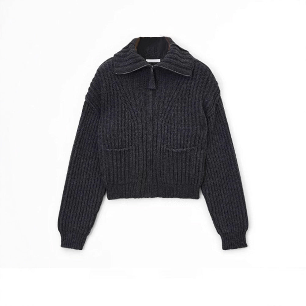 Damen Grobstrickpullover Hochkragen Praktische Taschen Eveloria